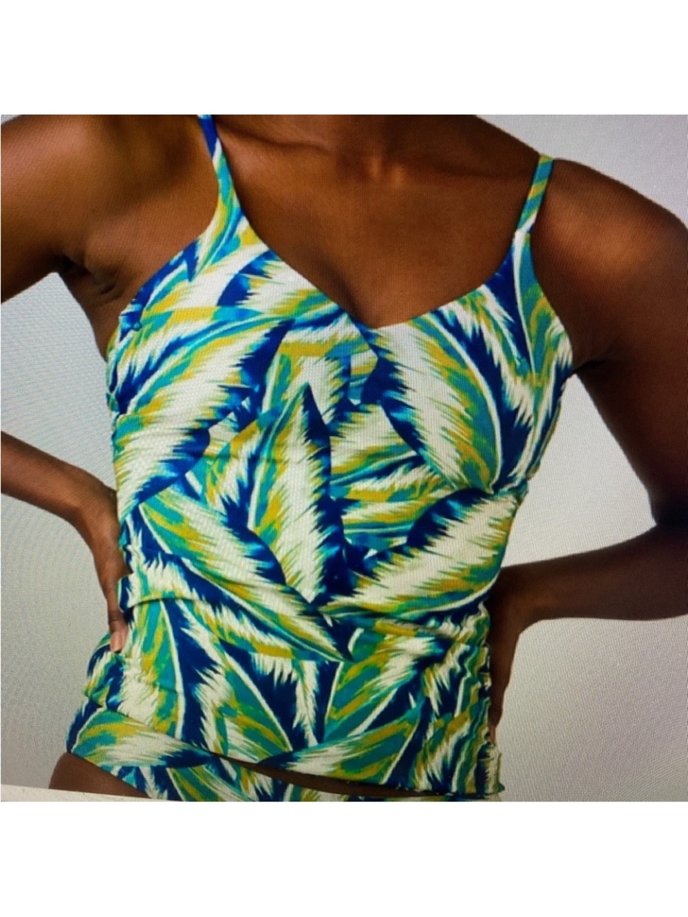 Prana Blue, reversible Green & Yellow Leaf-Print Tankini Top